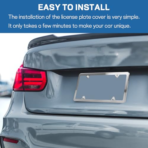 Wuyaoyao 2PCS Car License Plate Frames, 4 Holes Stainless Steel License Plate Frame, Slim License Plates Cover Holder with Screws Bolts Caps Washers, Universal Exterior Car Accessories (Silver) - color: Silver