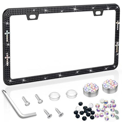 SHARE&CARE Bling License Plate Frame, Crystal License Plate Cover, Car License Plate Holder with Rhinestone Screw Set, Women Gift for Mom, Wife, Her- 1 Pack (Black-Cro) - color: Black-Cro