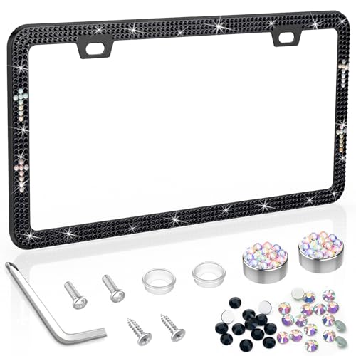 SHARE&CARE Bling License Plate Frame, Crystal License Plate Cover, Car License Plate Holder with Rhinestone Screw Set, Women Gift for Mom, Wife, Her- 1 Pack (Black-Cro) - color: Black-Cro