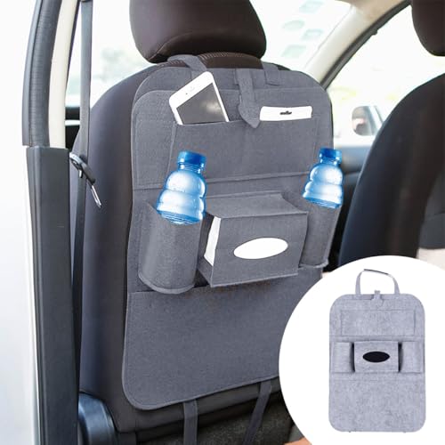 LAINLOY Felt Car Seat Back Organizer, Kick Mats Car Back Seat Protector for Kids, 6-Pocket Storage for Tissue, Box, Pen, Toy, Automobile Road Trip Accessories for SUV, RV, Truck (Grey) - color: Grey