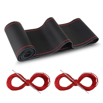 Car Genuine Leather Steering Wheel Cover, DIY Sewing with Needle and Thread, Breathable, and Anti-Slip, Universal 15 Inch Car Steering Wheel Stitching Wrap (Black Red, Glossy) - color: Black Red, size: Glossy