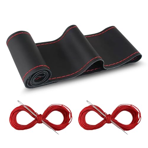 Car Genuine Leather Steering Wheel Cover, DIY Sewing with Needle and Thread, Breathable, and Anti-Slip, Universal 15 Inch Car Steering Wheel Stitching Wrap (Black Red, Glossy) - color: Black Red, size: Glossy