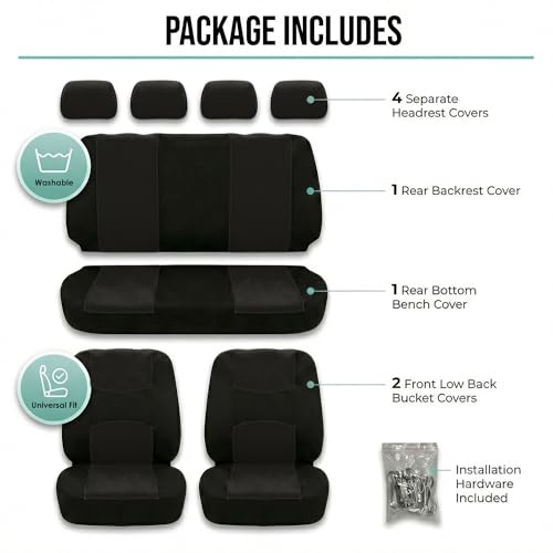 FH Group Car Seat Covers Full Set Cloth - Universal Fit Automotive Seat Covers, Low Back Front Seat Covers, Solid Back Seat Cover, Washable Car Seat Cover For SUV, Sedan And Van Black - color: Black, style: Seat Cover Full Set