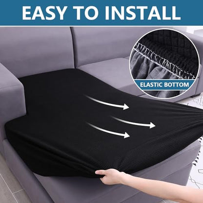 hyha Waterproof Sectional Couch Covers, Non Slip Sofa Couch Cushion Covers L Shape, Thick Stretch Jacquard Fabric, Washable Sofa Slipcovers with Elastic Bottom (1 Piece for Chaise, Black) - color: Black, size: Chaise