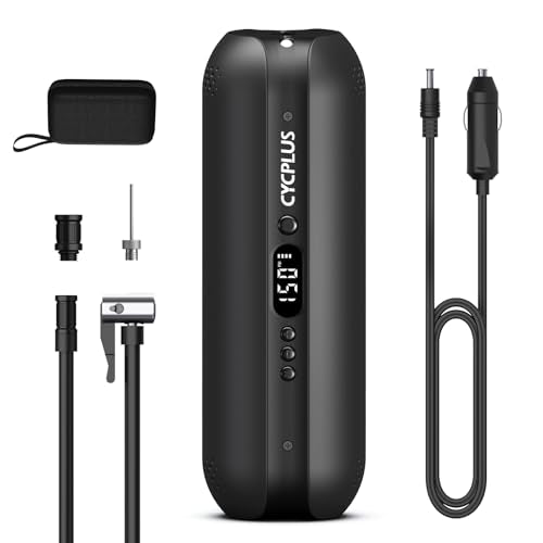 CYCPLUS Tire Inflator Portable Air Compressor - 150PSI Cordless Air Pump with Digital Tire Pressure Gauge, Accurate LCD Display & LED Light, DC/AC 2-in-1 for Car/Motorcycle/E-Bike/Ball(2025 Version) - color: Black