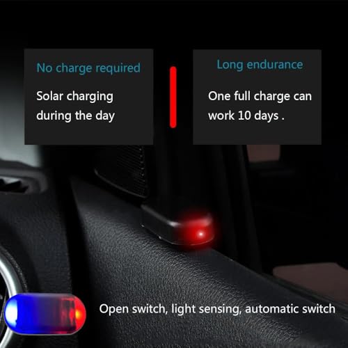 2Pack Solar Simulated Dummy Warning Lamp, Mini Anti-Theft LED Red Blue Flashing Alarm Security Car Fake Alarm Lamp,Automotive Interior Emergency Strobe Light for Bike Car Night Driving