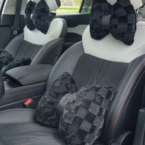 4 Pack Car Neck Pillow and Lumbar Support Cushion Plush Butterfly Knot Headrest Pillow Comfortable Waist Support Cute Car Interior Decor - color: Black