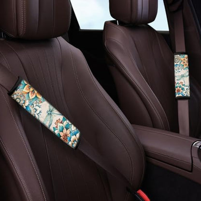 UNICEU Bohemian Floral Dragonfly 2 Piece Car Seat Belt Pads for Women Kids, Neoprene Soft Auto Seatbelt Shoulder Covers Vehicle Accessories, Universal - color: Boho Flower Dragonfly