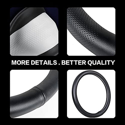 Car Steering Wheel Cover,Universal 15 Inch Premium Leather Car Steering Wheel Cover,Best Grip,Perforated Design,Breathable,Non-Slip,Sweat-Absorbent,Warm in Winter and Cool in Summer (Black) - color: Black