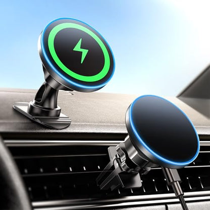 BHHB for iPhone 17 Magsafe Car Mount Charger, [2026 New] 15W 2in1 Magnetic Wireless Car Charger, fits for Magsafe Car Charger, Vent/Dashboard Phone Holder Mount for iPhone 17 16 15 14 13 12 Series - color: Black