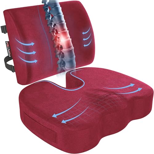 FORTEM Seat Cushion, Office Chair Cushion, Lumbar Support Pillow for Office Chair, Memory Foam Sciatica Coccyx Tailbone Pressure Pain Relief, Car Sitting Pad, Washable Non Slip, XL - color: Red Velour, size: X-Large