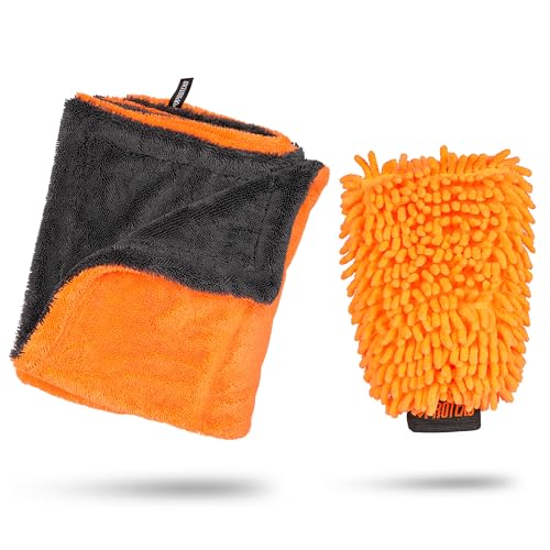 24"x36" Twisted Loop Car Drying Towel & Wash Mitt | 1200GSM Ultra Thick & Absorbent Detailing Towels | Large Microfiber Cleaning Cloth for Washing & Polishing | Micro Fiber Rags for Car Care