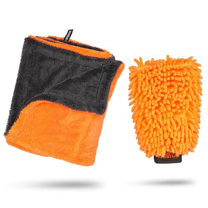 24"x36" Twisted Loop Car Drying Towel & Wash Mitt | 1200GSM Ultra Thick & Absorbent Detailing Towels | Large Microfiber Cleaning Cloth for Washing & Polishing | Micro Fiber Rags for Car Care