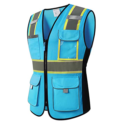 Safety Vest for women, Hi vis Reflective Lady Work vest With 9 Multi Pocket And Zipper - color: Blue, size: X-Small