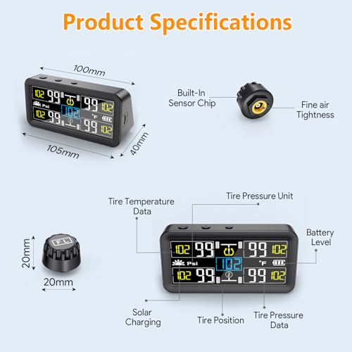 GEARGO 𝟐𝟎𝟐𝟔 𝐔𝐩𝐠𝐫𝐚𝐝𝐞𝐝 Tire Pressure Monitoring System, TPMS with Solar & USB-C Dual Charging, 4 External Sensors (0–99 PSI), 6 Alarm Modes, Color LCD Display for RV/Trailer/Truck/SUV