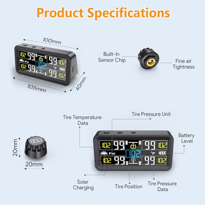 GEARGO 𝟐𝟎𝟐𝟔 𝐔𝐩𝐠𝐫𝐚𝐝𝐞𝐝 Tire Pressure Monitoring System, TPMS with Solar & USB-C Dual Charging, 4 External Sensors (0–99 PSI), 6 Alarm Modes, Color LCD Display for RV/Trailer/Truck/SUV