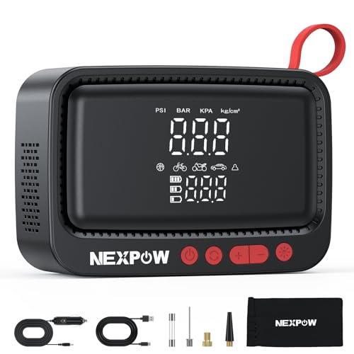 NEXPOW Tire Inflator Portable Air Compressor - Air Pump for Car Tires with 12V DC Power Adapter, 150PSI Electric Tire Pump for SUV, Motorcycle, Bicycle, Basketball, Fast Inflation with Auto Shut-Off - color: Red, size: Cordless 150 PSI