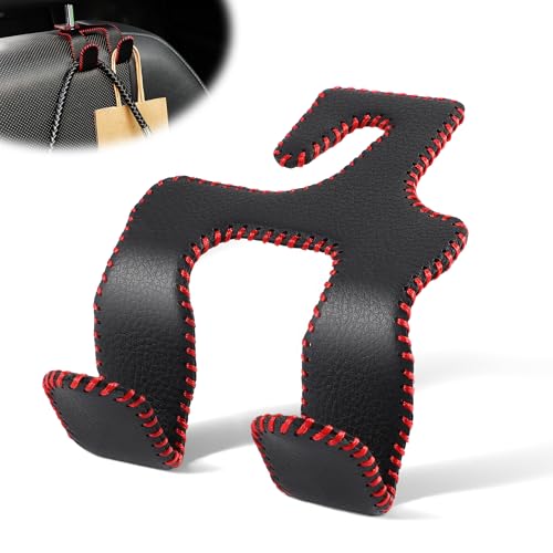 LivTee Upgraded Superior Leather Car Seat Back Headrest Hook, 2 in 1 Auto Seat Hook Hangers Holder Organization Interior Accessories for Purses Coats Umbrellas Grocery Bags Handbag (Black/Red) - color: Black & Red 1-Pack