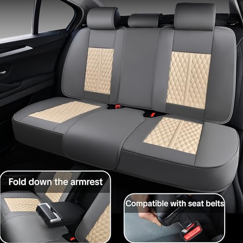 Khaki Car Seat Cover Complete Set, Universal Car Seat Cover for Car with Lumbar Support, Premium Artificial Leather, Waterproof and Easy to Clean, Airbag Compatible, Seat Heating Compatible - color: Khaki
