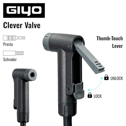 GIYO Bike Floor Pump - 3" Dual Scale Gauge - Road & MTB | One Handed Operation -Clever Valve for Presta & Schrader | Max 160PSI Steel Barrel (GF27)