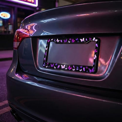 Purple Butterfly License Plate Frame Beauty Butterfly Steering Wheel Cover Funny Cars Decor Aluminum Plate Frame Anti-Slip Breathable with Screws Fits Standard Us Ca Vehicles - color: Purple Butterfly