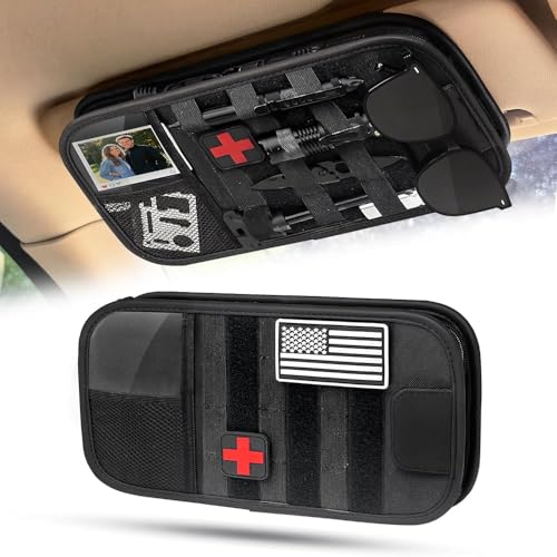 Molle Car Sun Visor Organizer - Tactical Storage Panel with 180° Zipper Pouch & Magnetic Glasses Clip & Photo Holder & Semi-Rigid Molle Panel for Military Gear (1, Black) - color: Black