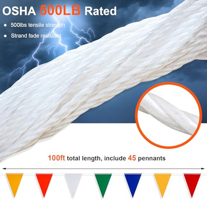 Multicolor Pennant Safety Flags, Perimeter Warning Flag Banner Line, For Flagging Construction/Traffic Barrier/Parking Lot/Rooftop/Backstroke/Party & Special Events 7" X 10" Pennants on 100' Rope - color: 100FT