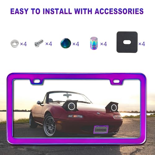 Iridescent License Plate Frame, 2 Holes Fashion Purple Stainless Steel Mirror Polish Holder, 2 Pack Waterproof Rust-Proof Universal US Car Frame, Including Screws, Caps and Rattle Proof Pads - color: Iridescent
