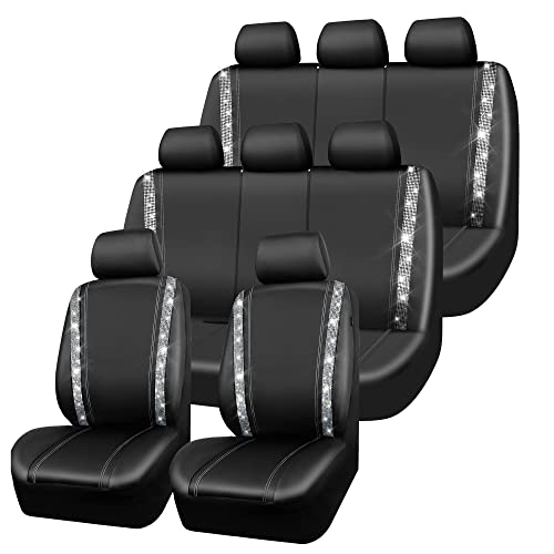 CAR PASS Bling Diamond Car Seat Covers, Shining Rhinestones Waterproof Faux Leather, 8 Seats 3 Rows with Zipper Glitter Crystal Sparkle Strips Universal Fit 95% MPV,SUV,CAR for Women Girl, Silver - color: Silver Seats Eight, size: Full Set