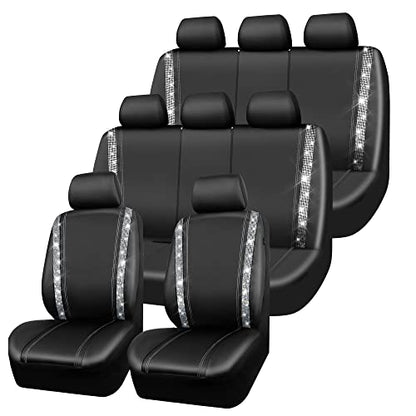CAR PASS Bling Diamond Car Seat Covers, Shining Rhinestones Waterproof Faux Leather, 8 Seats 3 Rows with Zipper Glitter Crystal Sparkle Strips Universal Fit 95% MPV,SUV,CAR for Women Girl, Silver - color: Silver Seats Eight, size: Full Set