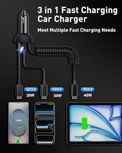 iPhone 17e 17 16 15 Pro Max Car Charger Fast Charging, 3-Port 90W Fast USB C Car Charger Adapter Cigarette Lighter with 4FT Coiled USB C Cable for iPhone 17e/17/17 Pro Max/Air/16/15 Pro/Plus, iPad