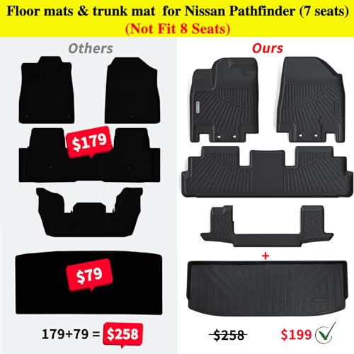Floor Mats & Trunk Mat for Nissan Pathfinder 2022 2023 2024 2025 (Only fit 7 Passenger Models), 3 Rows Full Set with Cargo Liner,TPE All Weather Protection Car Floor Liners Accessory-Black - size: 4.5-27ge