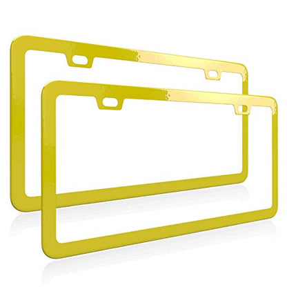 Yellow License Plate Frame, Metal Thin Stainless Steel with 2 Holes Screw Cap, 2 Pack (Yellow) - color: Yellow