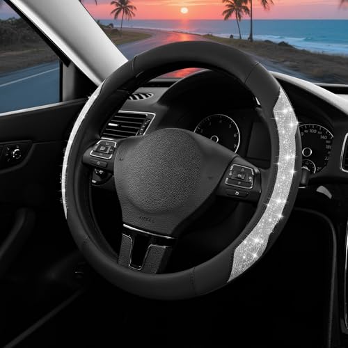 PIC AUTO Steering Wheel Cover, Silver Sparkly Crystal Bling Glitter with Leather, Universal Fit 14.5"-15.5" Car Steering Wheels for Girls & Women, Anti-Slip Wheels Cover for Cars, Trucks, Van, SUVs - color: Silver Glitter