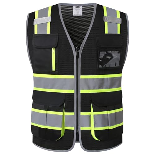 JKSafety 9 Pockets Hi-Vis Mesh Safety Vest for men and women | Chaleco reflectante de seguridad | Zipper Front | Multiple Pockets | Class 1 (140-Black L) - color: Jk140-black, size: Large