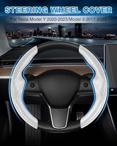Shademax Custom for Tesla Steering Wheel Cover, Tesla Model Y 2020-2025/ Model Y Juniper 2026/ Model 3 2017-2025 2026 (Fit Model 3 Highland) Carbon Fiber Steering Wheel Cover Model Y/3 Accessories - color: A-White (Carbon Fiber )