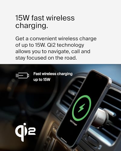 Belkin MagSafe-Compatible Wireless Car Charger 15W, Fast Charging Wireless Charger - Powerful Magnetic Vent Holder for iPhone 17, 16, 15, 14, 13 Series, Pixel 10, Secure Car Phone Mount - White - style: Charging Mount - New Model