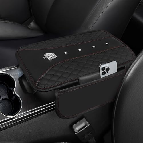 NBTEPEM Bling Crown Car Center Console Armrest Cover, Leather Middle Console Cover Cushion with 2 Storage Bags, Car Armrest Storage Box Interior Accessories for Most Vehicles(Black) - color: Black