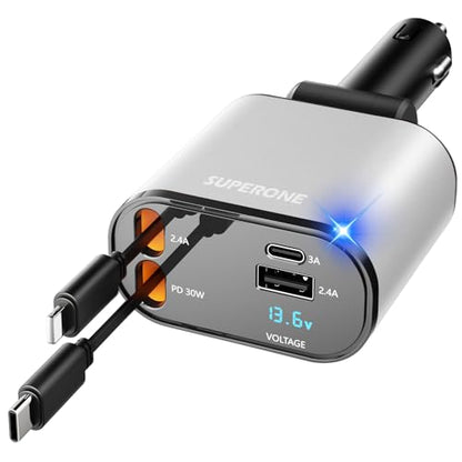 SUPERONE 【Upgraded】 Retractable Car Charger 4 in 1, Fast Car Phone Charger with Cord 2.6ft, USB C and Apple Car Charger Adapter, Compatible with iPhone 17/16/15/15 Pro Max/14/13/12/11, Galaxy, Pixel - color: Silver