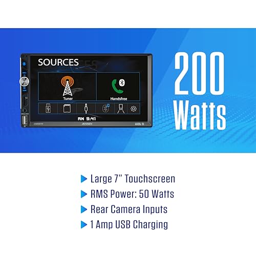 Jensen CMR270 7-inch Double DIN Car Stereo | LED Digital Media Touchscreen | Bluetooth | Push to Talk Assistant | Backup Camera Input | | USB Fast Charging | microSD | No CD/DVD