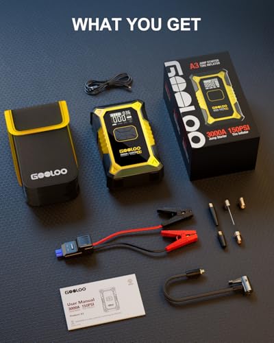 GOOLOO A3 Jump Starter with Air Compressor, 3000A Portable Car Battery Jumper Starter (9.0L Gas/6.5L Diesel) with 150PSI Auto-Shutoff Tire Inflator, 12V Supersafe Lithium Jump Box Car Booster, Yellow - color: Yellow
