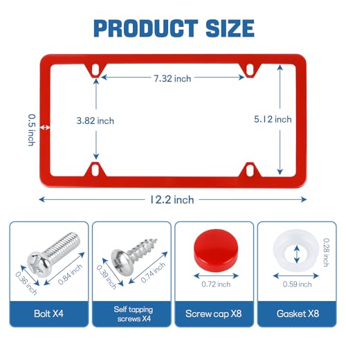 Wuyaoyao 2PCS Car License Plate Frames, 4 Holes Stainless Steel License Plate Frame, Slim License Plates Cover Holder with Screws Bolts Caps Washers, Universal Exterior Car Accessories (Red) - color: Red