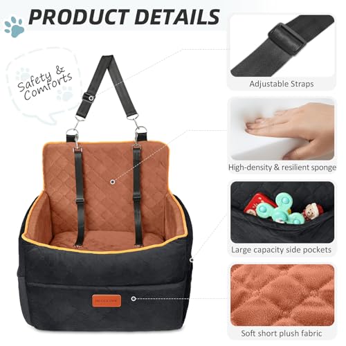 HEGGCOOE Small Dog Car Seat, Memory Foam Dog Booster Seats with Thick Cushion for Medium Dogs Under 35lbs, Detachable Washable Pet Car Seat Travel Bed with Storage Pockets,2 Safety Belts - color: Black+brown