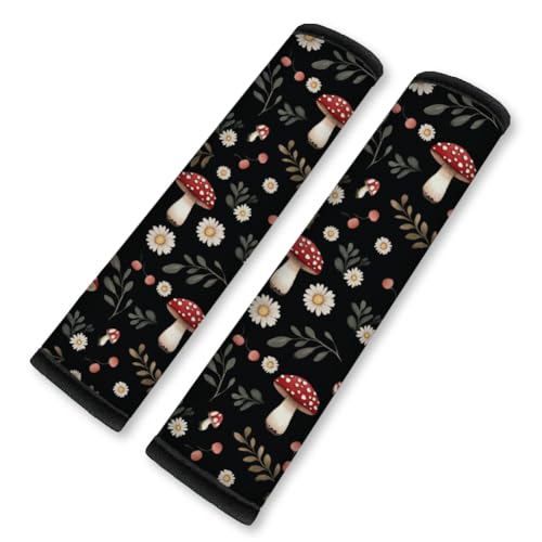 2Pcs Soft Auto Seat Belt Cover Pad Mushroom Daisy Flower Plant Print Colorful Car Seatbelt Shoulder Cushion for Comfortable Driving, Compatible with All Cars' Seatbelt and Backpack Straps - color: Mushrooms