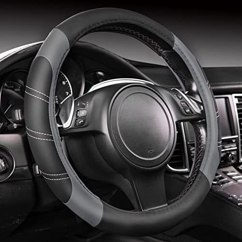 CAR PASS Line Rider Microfiber Leather Sporty Steering Wheel Cover Universal Fits for 95% Truck,SUV,Cars,14.5-15inch Anti-Slip Safety Comfortable Desgin (Black-Gray) - color: Black＆Gray, size: Standard[14.5"-15"]