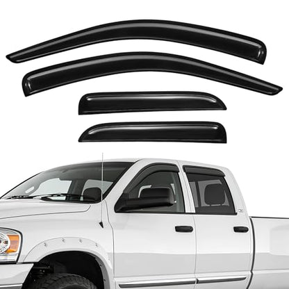 Rain Guards Fit for 2002-2008 Dodge Ram 1500 Quad Cab/Extended Cab/ 03-09 Dodge Ram 2500 3500, Tape-On Extra Durable Side Window Sun Rain Guard Visor Deflectors Black 4 PCS - size: Fit for Dodge Ram 1500 Quad Cab 2002-2008