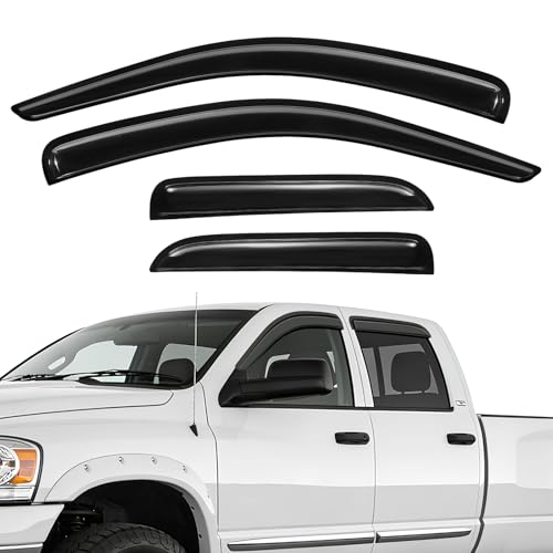 Rain Guards Fit for 2002-2008 Dodge Ram 1500 Quad Cab/Extended Cab/ 03-09 Dodge Ram 2500 3500, Tape-On Extra Durable Side Window Sun Rain Guard Visor Deflectors Black 4 PCS - size: Fit for Dodge Ram 1500 Quad Cab 2002-2008