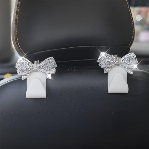 Zpana Bling Car Headreat Hook, 2PCS Crystal Rhinestone Cute Bow Vehicle Seat Back Hanger Storage for Purses Bags Grocery, Diamond Auto Rear Seat Organizer, Universal for SUV Truck Sedan (Pink) - style: White/4PCS