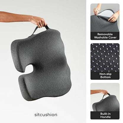 SitCushion Car Seat Cushion for Long Driving – X Large Memory Foam Seat Cushion for Sciatica & Tailbone Pain Relief, Orthopedic Coccyx Cushion with Non-Slip Bottom, Back Pillow for Car, Truck (Black)