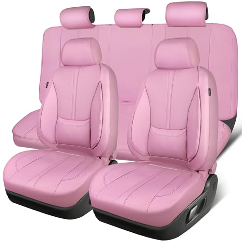 CAR PASS Pink Leather Seat Covers Full Set, Water Resistant 3D Foam Faux Leather Seat Cover, Luxury Comfort Automotive 5 Seat Covers Cute for Women Girly, Universal Fit SUV, Vans, Trucks, All Pink - color: All Pink, size: Full Set